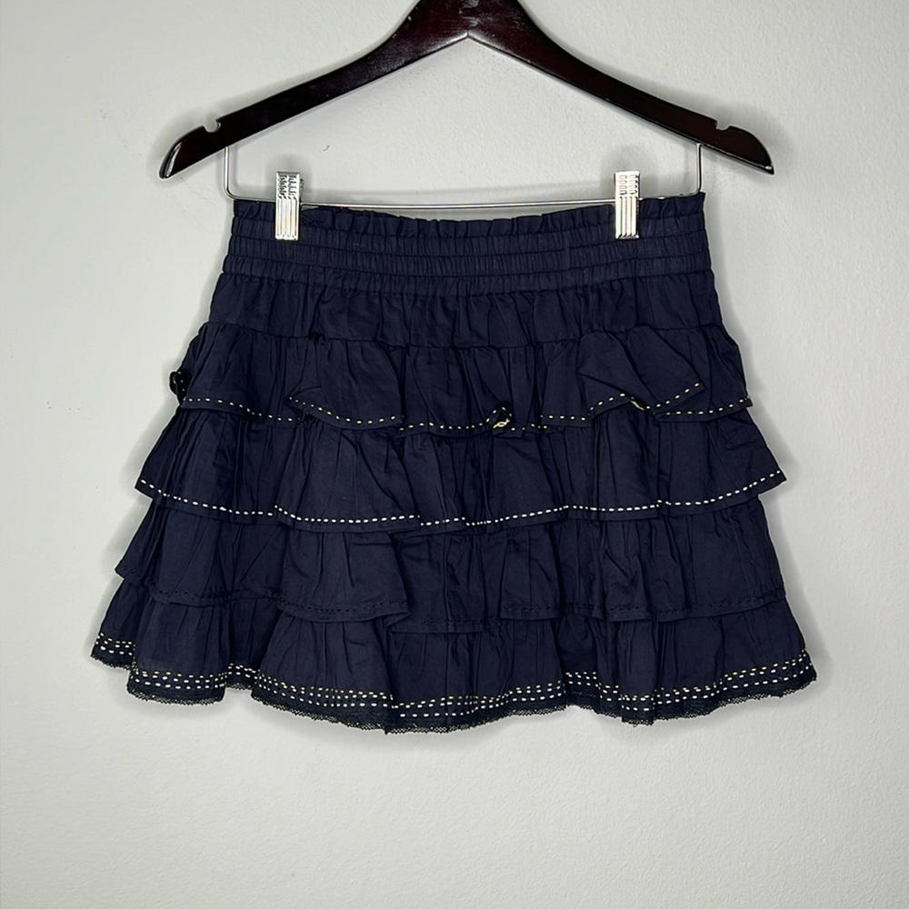 Misa Los Angeles Tiered Ruffle Embroidered Accent Mini Skirt in Navy Size XS